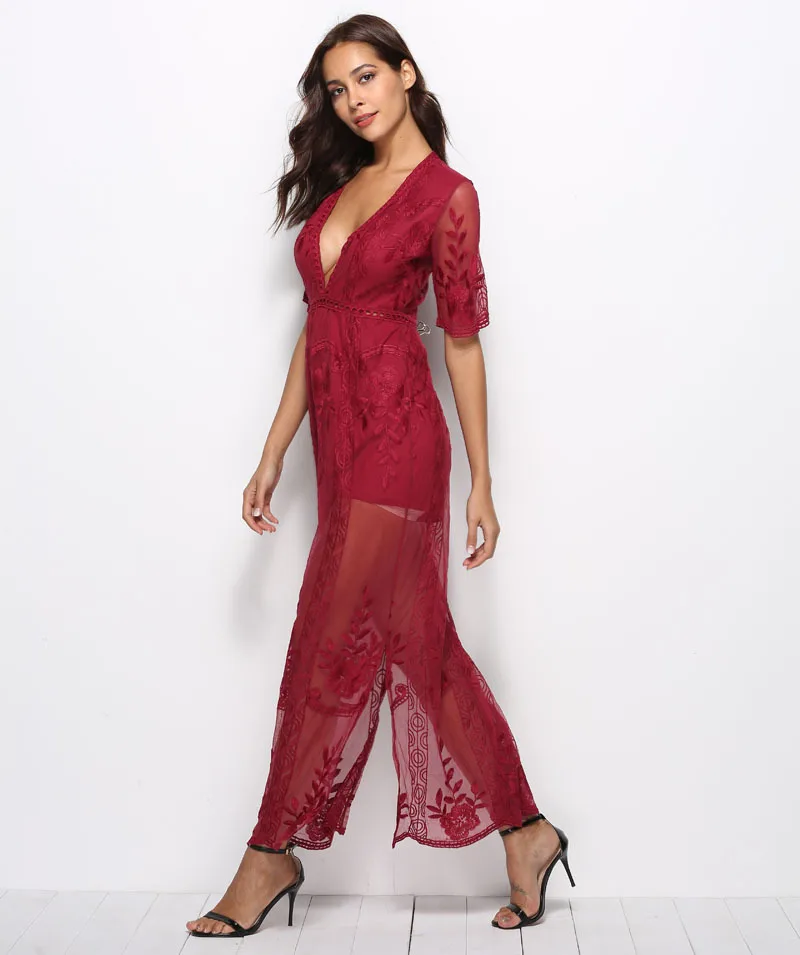 Красный Плюс Размер Горячая Распродажа платье распродажа Топ Мода Vestido Longo Zanzea и Европа Америка сексуальный глубокий V Сплит вилка Кружева Перспектива - Цвет: Красный