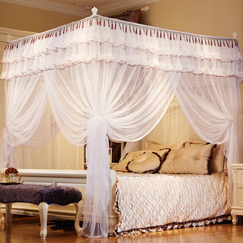 white luxury Court style Romantic Lace Three-door mosquito net Have frame Full Queen King Size Home Decoration bedding set