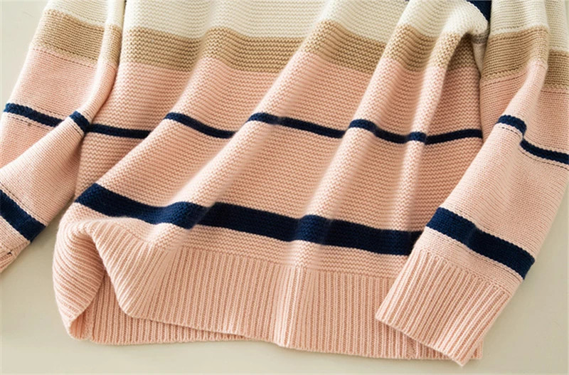  100% goat cashmere striped knit women fashion half high collar pullover sweater M/L