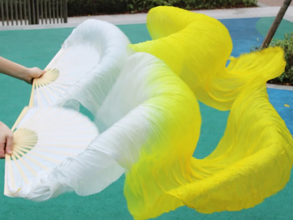 

2016 female high quality Chinese silk veils dance fans Pair of belly dancing fans cheap hot sale white + yellow