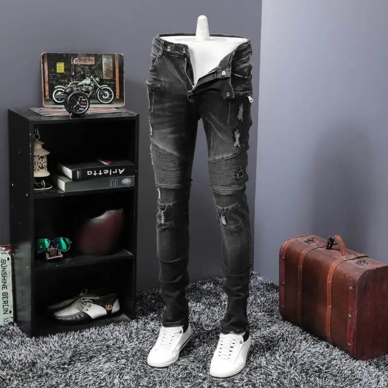 Винтажные, с дырами джинсы Для мужчин Классические Плиссированные Slim Fit джинсовые брюки для байкеров Street Стиль хип-хоп Жан женский джинсовый комбинезон мужской - Цвет: as photos
