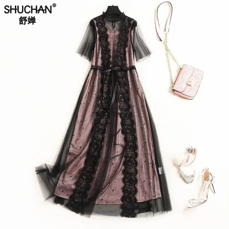 

Shuchan Fahion Womens Matching Sets Black Mesh Dress+ Print Pink Tank Dress Women Clothing Set For Summer 2019 New 10869