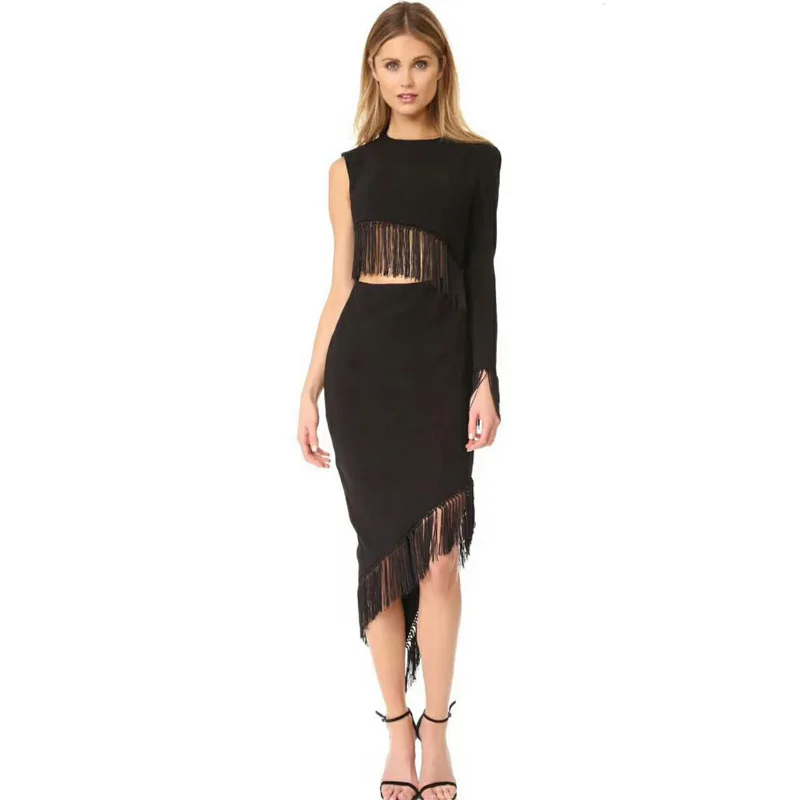 Новейшее женское Бандажное платье Модное на одно плечо с длинным рукавом Bodycon Tassel элегантное вечернее платье Eveing Vestidos