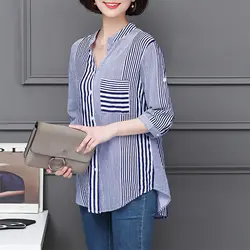 Новая мода 2019 осень полосатый работа рубашка для женщин Повседневное 3/4 рукав пуговицы подпушка блузка элегантный Blusas Топ Femme рубашки для