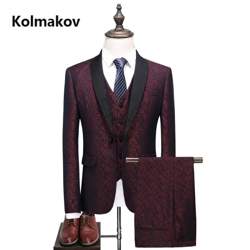 Куртка+ жилет+ брюки) мужской модный костюм Slim Fit деловой костюм мужские классические мужские свадебные костюмы официальная одежда платье S-5XL - Цвет: Красный