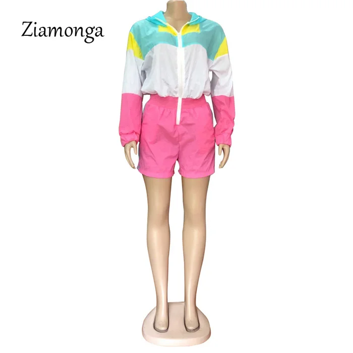 Ziamonga контраст Цвет лоскутное Повседневное Playsuit Для женщин спереди на молнии с длинным рукавом Короткая водолазка осен
