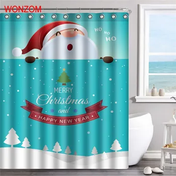 

WONZOM Santa Claus Shower Curtains Bathroom With 12 Hooks Waterproof Accessories For Decor Modern Christmas Bath Curtain Gift
