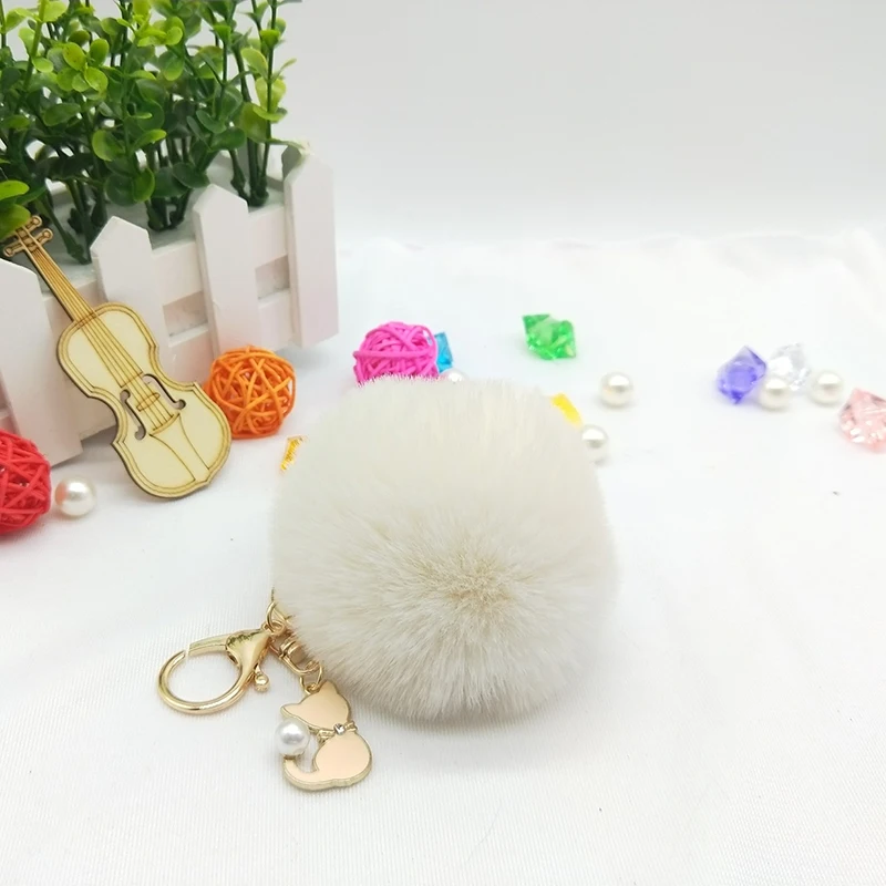 Beige 25 цветов милый розовый Кот меховой брелок помпон искусственный мех мяч брелок пушистый помпон брелок сумка талисманы брелок Llaveros Chaveiros - Цвет: Beige