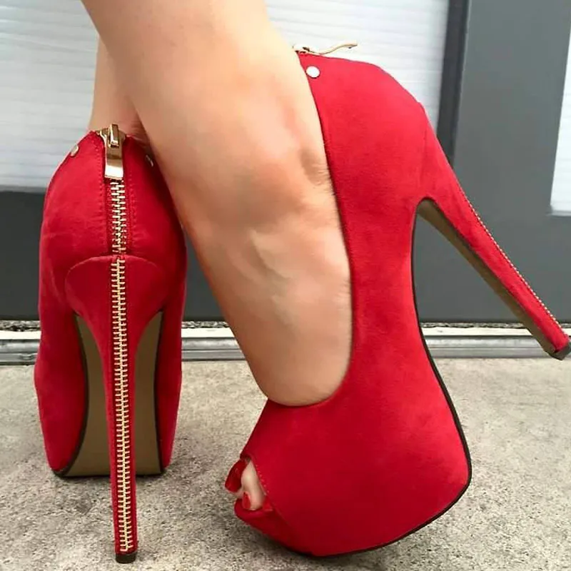 Оригинальное предназначение; пикантные женские туфли-лодочки из искусственной замши на каблуке с открытым носком; стильные женские туфли-лодочки на платформе; цвет черный, красный; женская обувь; большие размеры 4-20
