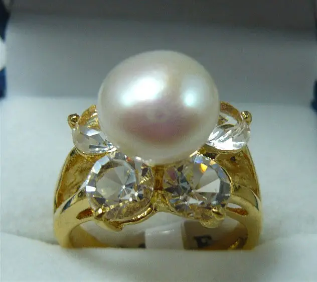 Белый жемчуг культивированный пятиконечная звезда CZ 18KGP кольцо #7 8 9 | Украшения и