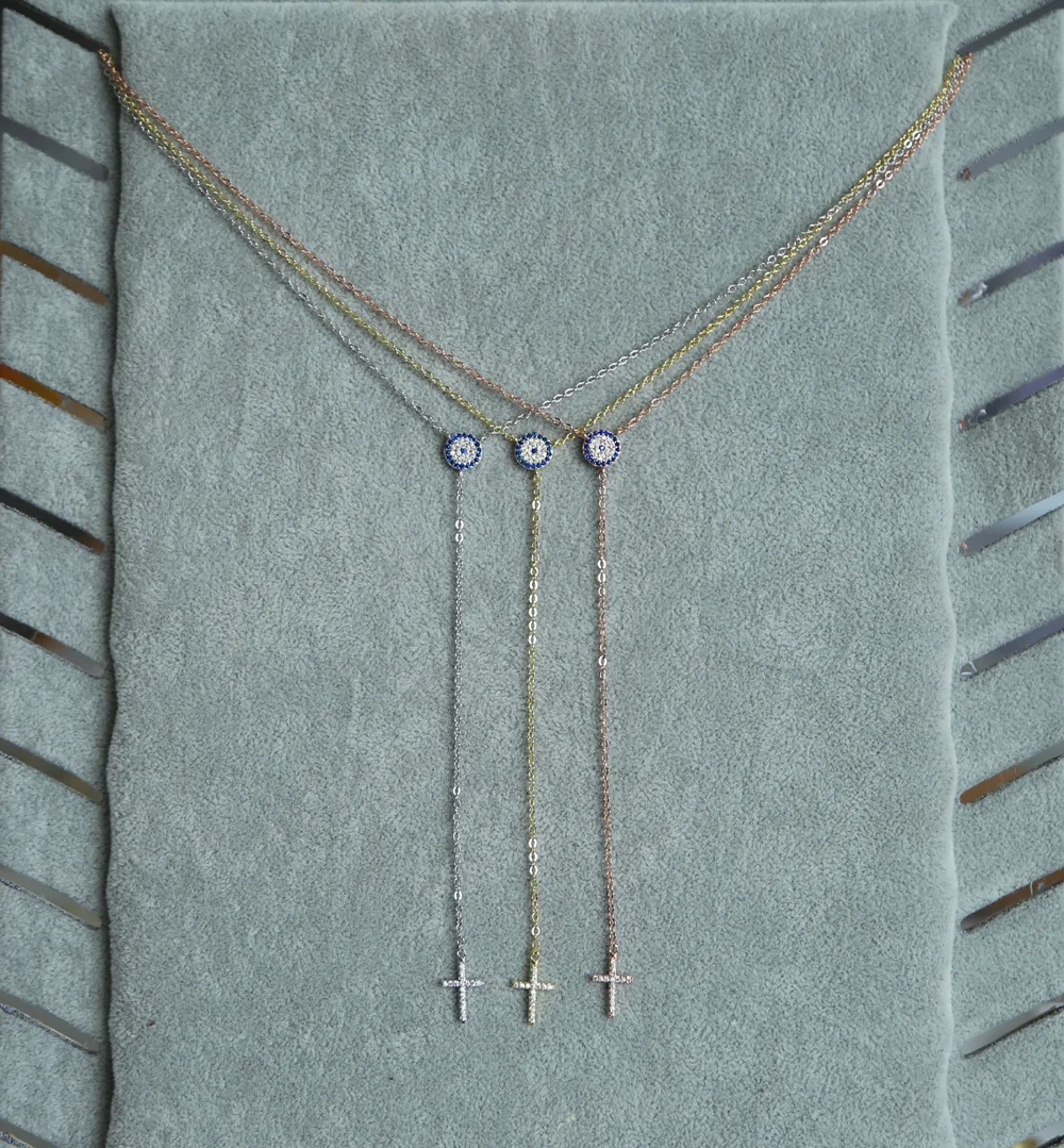 Evil eye cross Y lariat модное ожерелье дизайн золотой розовый золотой и серебряный цвета синий белый кубический цирконий lucky Ювелирная цепочка