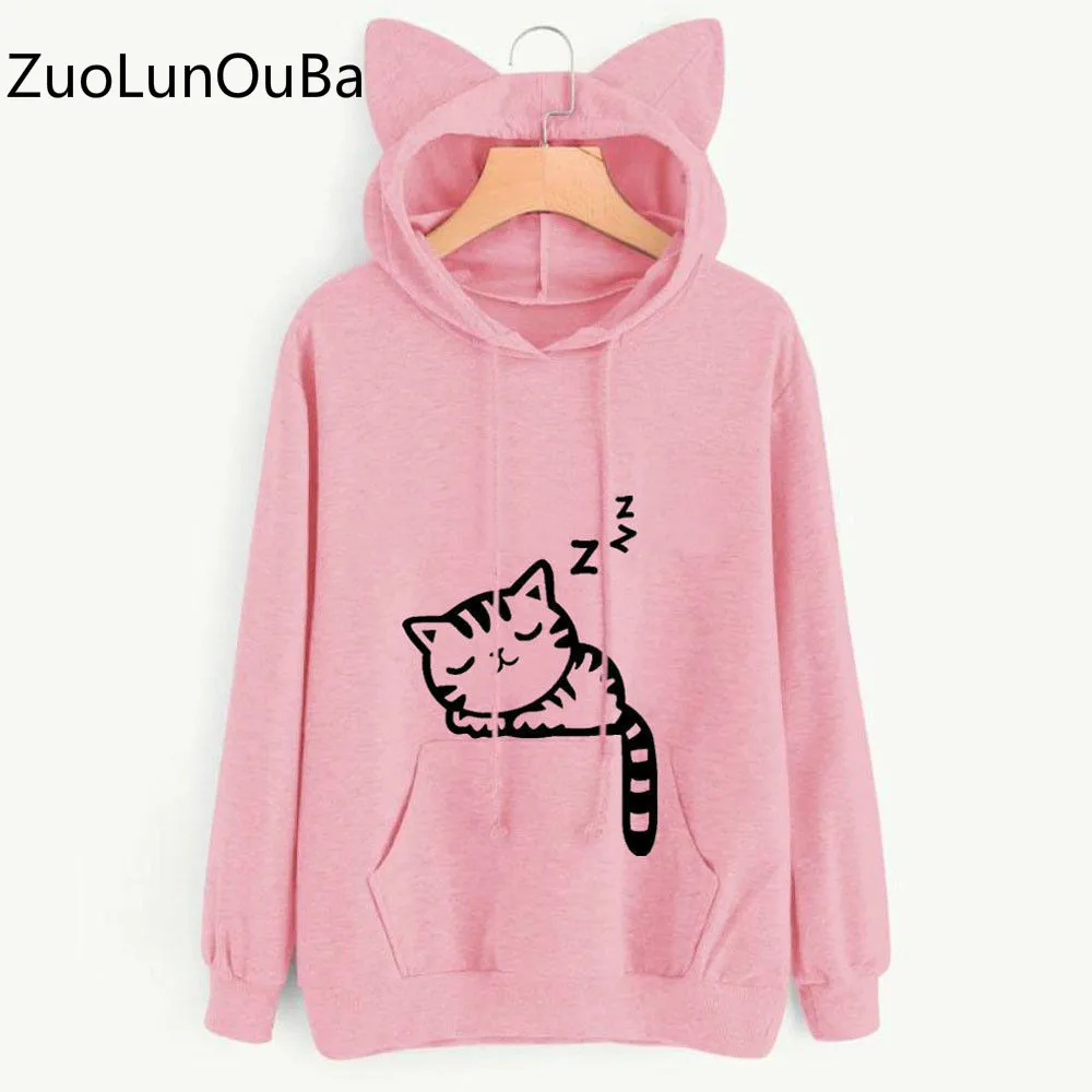 Осень-зима Для женщин розовый флисовый Кот печати балахон Европа Соединенные Штаты Harajuku с длинными рукавами свободные пуловеры дамы