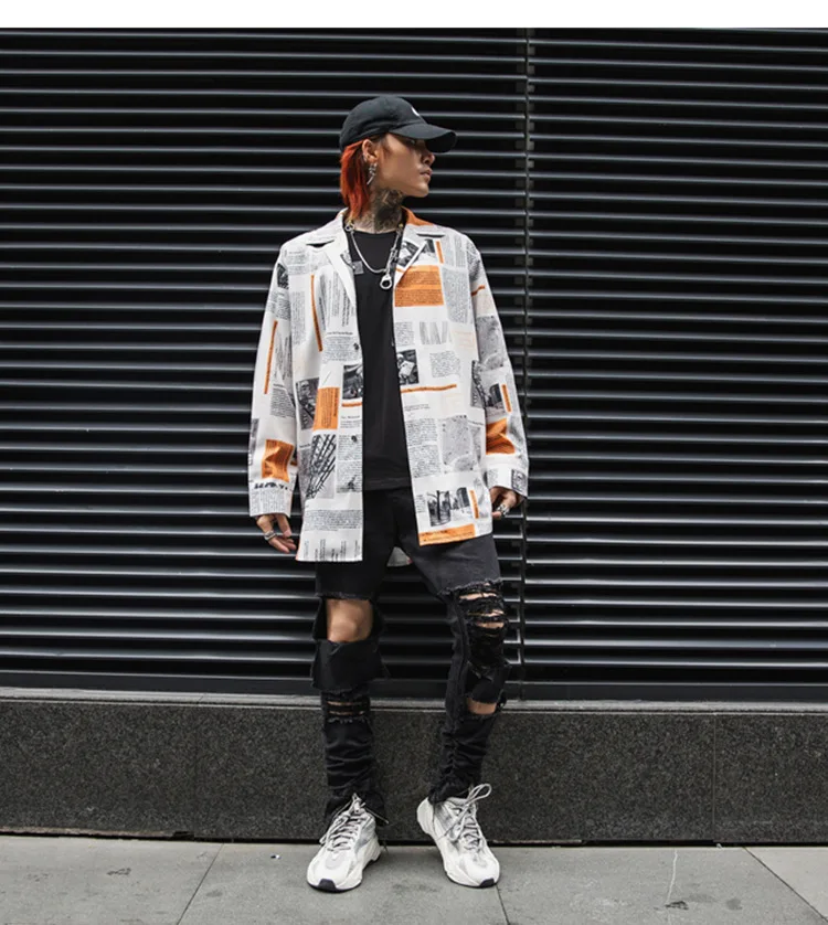 Новый для мужчин High Street Хип Хоп мода повседневное Свободная рубашка с длинными рукавами Письмо печати мужской уличное платье