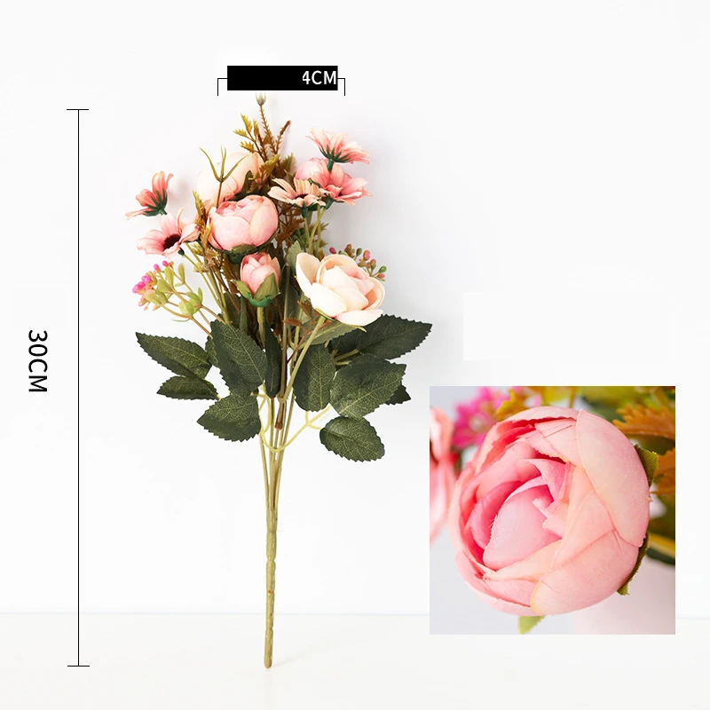 Fake Tea Rose Silk Flower Fall Gerbera Daisy Artificial Plastic Flower Pearl Bouquet For Wedding DIY Party Home Room Decoration