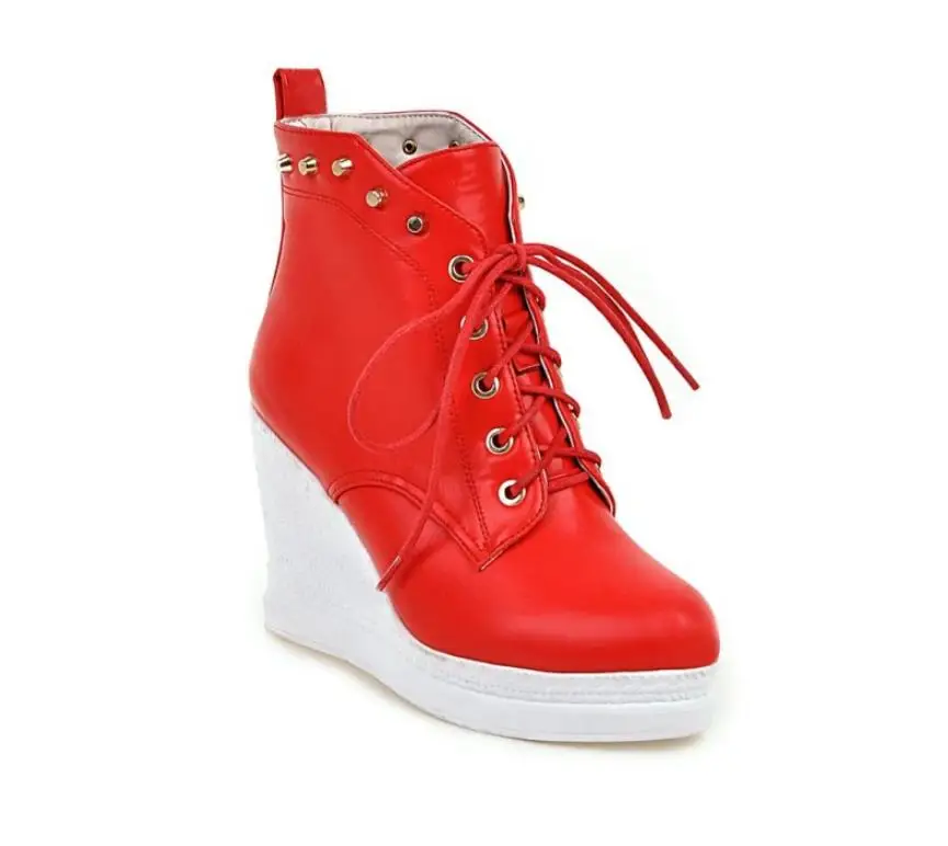 

2018 new studded boots British fashion lace short boots wedges casual boots high heel boots