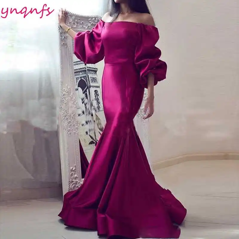 fuchsia YNQNFS ED256 Длинные вечерние платья Фуксия бальное платье vestidos de Soiree оборки, открытые плечи одежда с длинным рукавом платье подружки невесты в стиле русалки - Цвет: fuchsia