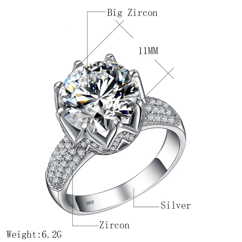 LMNZB роскошный большой 6ct пасьянс кольцо из стерлингового серебра 925 CZ циркон камни обручальное кольцо корона кольца подарок для женщин размер 5-12 LR064