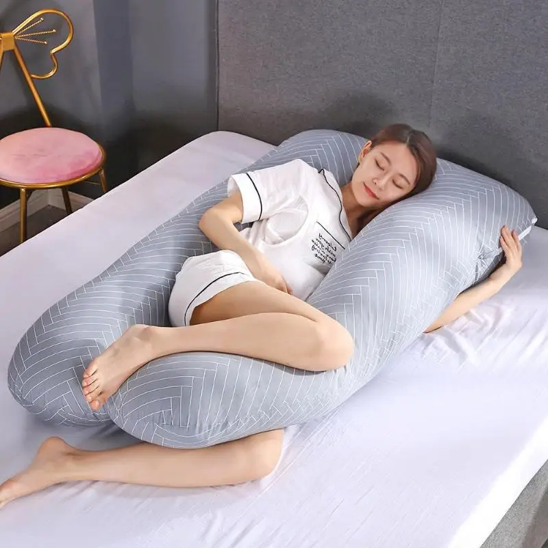 

U Shaped Striped Sleeping Support Pillow 100% Pure Cotton Printing Grey for Home Pregnancy Side Sleeper Pregnant Women