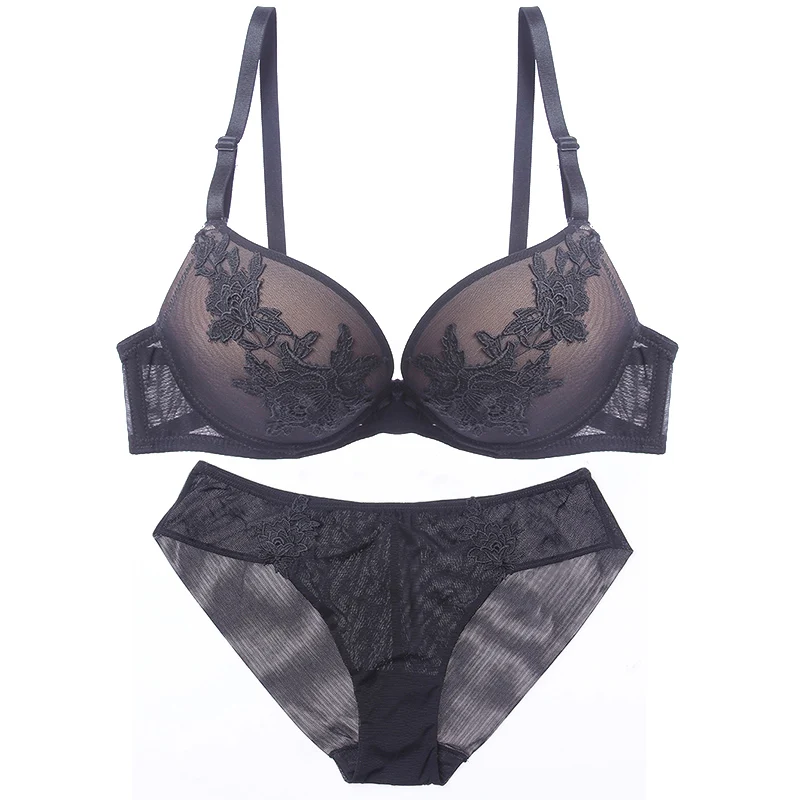 BLACK Lilymoda, сексуальный, роскошный, Цветочная вышивка, женский бюстгальтер, трусы, набор, бюстгальтер, трусики, комплект нижнего белья, женское белье, бюстгальтер, бесшовные трусики - Цвет: BLACK