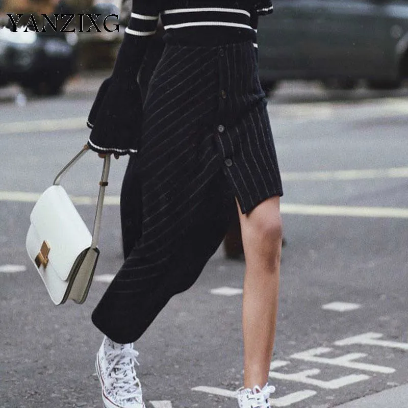 Women Skirt Stripe Wool Irregular Skirt High Waist Woman Long Skirts All Match Asymmetry Hem Ladies Skirts Black Q653