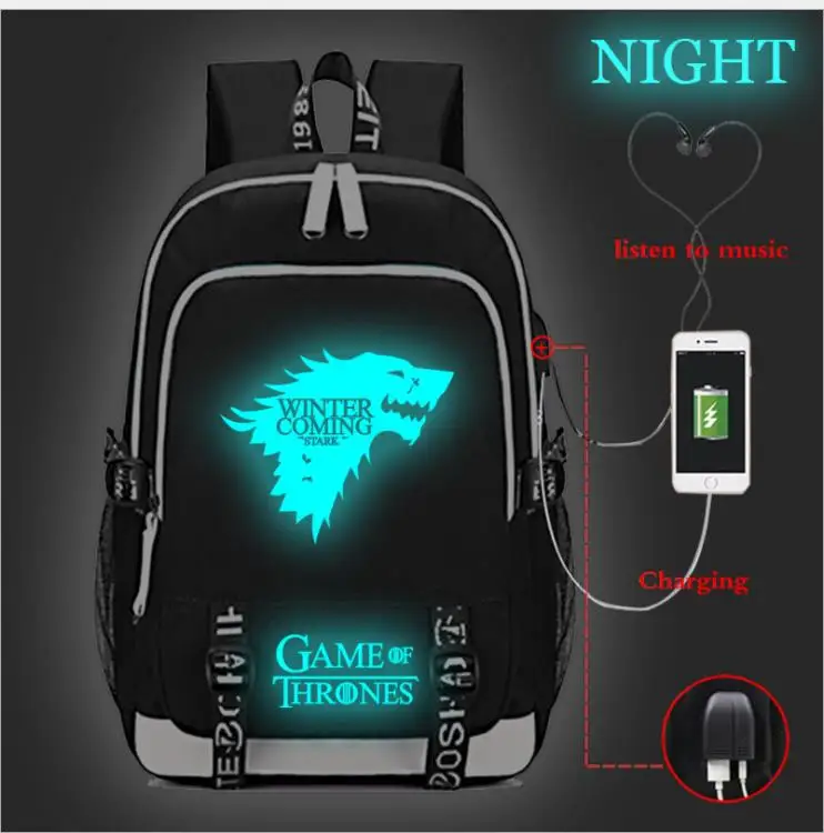 Picture color Светящийся подростковый рюкзак Игра престолов Старк USB зарядка рюкзаки для мальчиков и девочек школьные сумки Вместительная дорожная сумка для ноутбука - Цвет: Picture color