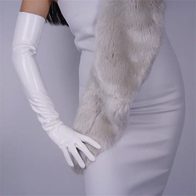 patent leather white Ультра длинные кожаные перчатки 60 см эмуляции настоящая искусственная кожа кожаные женские перчатки без подкладки Для женщин полиуретановые перчатки P15 - Цвет: patent leather white