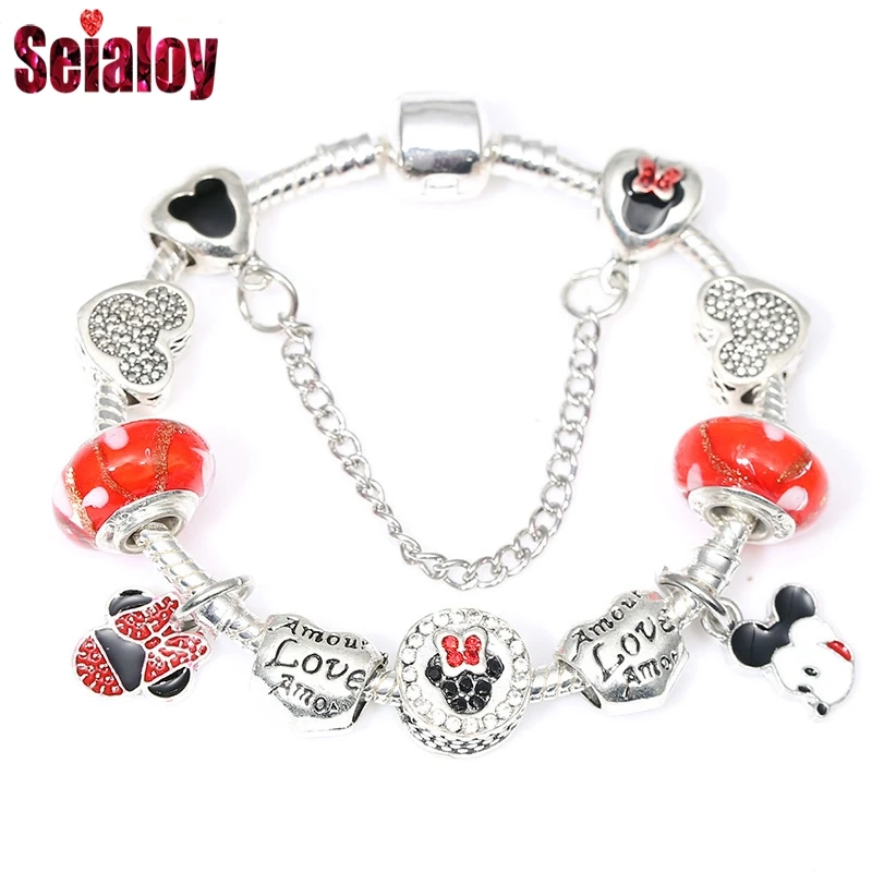 SEIALOY 925 серебряный браслет с бантом и Минни Микки Маус из муранского стекла, браслет с бусинами для женщин, мужчин, девочек и мальчиков, подарки
