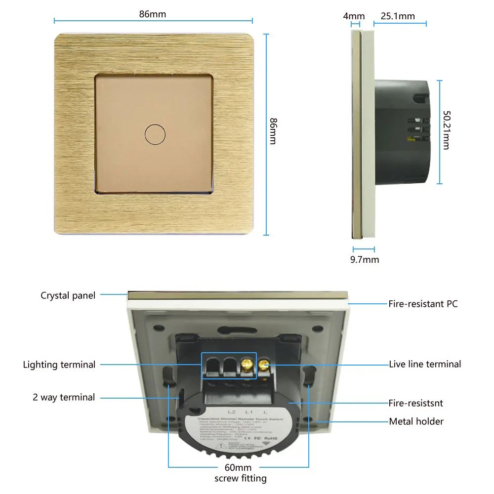 Bingoelec, 1 комплект, 1 способ, сенсорный выключатель, роскошная алюминиевая рамка, сенсорный экран, диммер, светильник, переключатель, стандарт ЕС, Диммируемый настенный переключатель