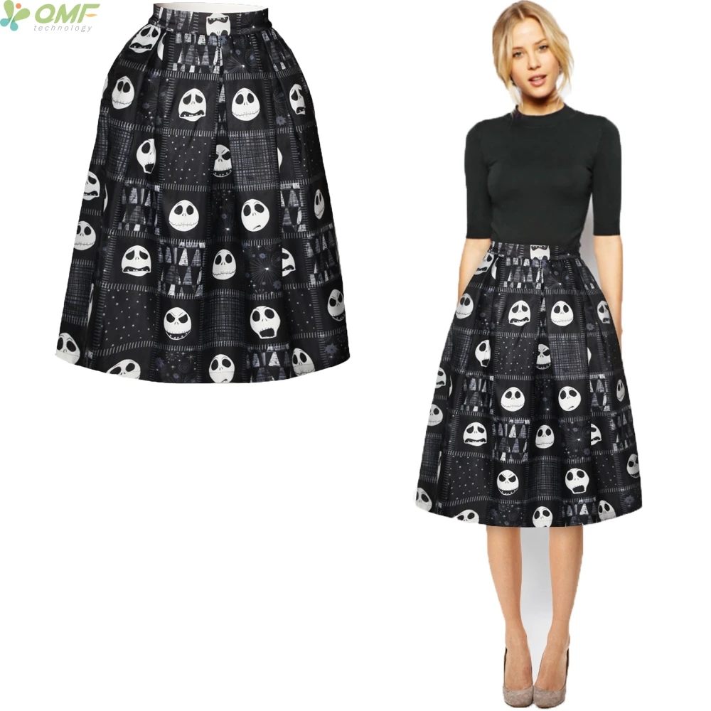 Jack Skellington Flared Midi Skirt Novelty Female High Waist Skirts
