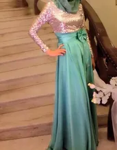 Bling Bling Abaya Kaftan Sequins Long Sleeve Chiffon Hijab Muslim Evening Dress Vestidos De Festa Bow Evening Dresses Green