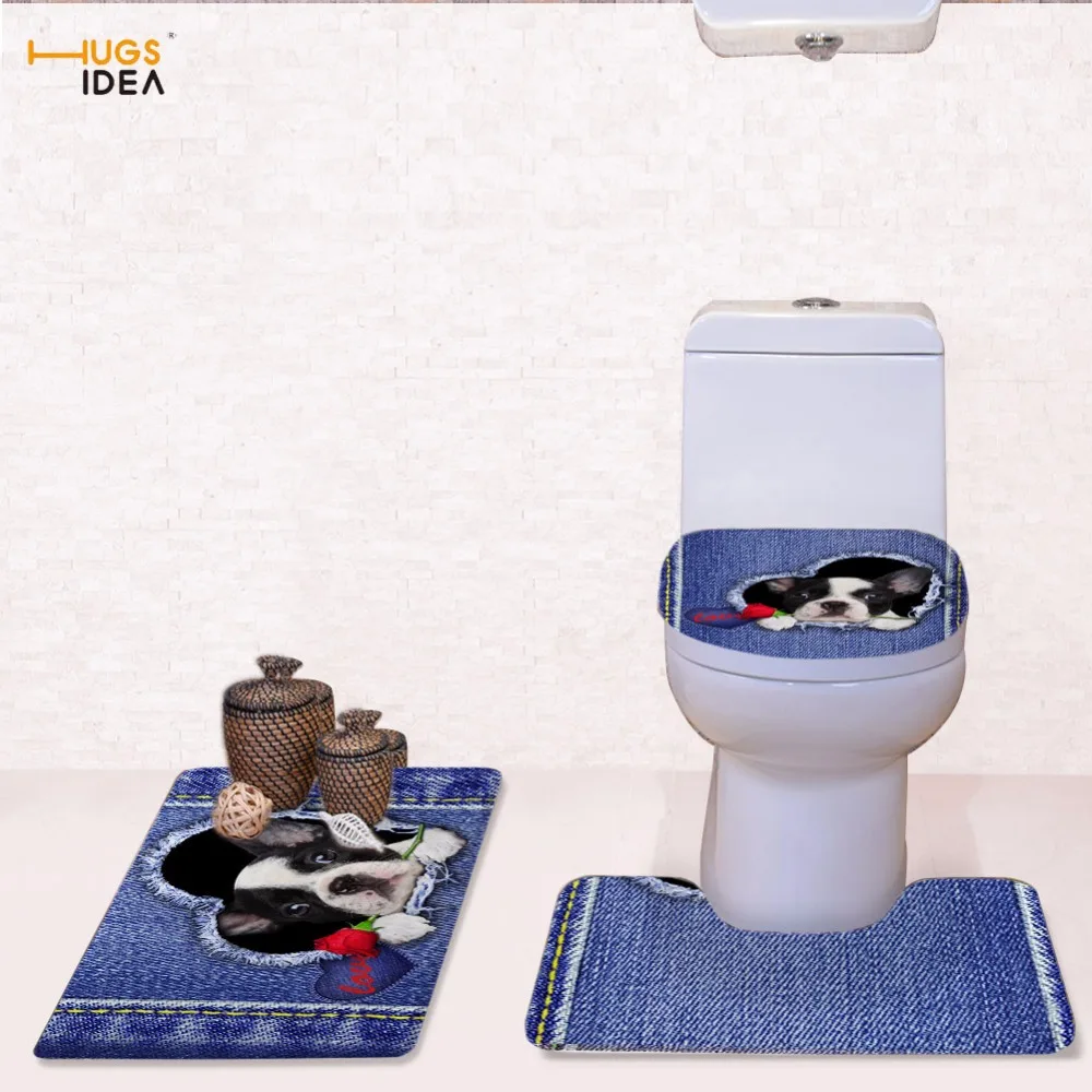 HUGSIDEA Denim Dog Cat Toilet Seat Cover 3Piece Warmer Toilet Lid Pads