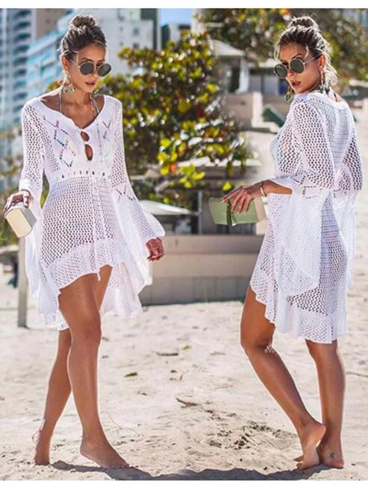 

2019 crochet white knitted beach cover up dress tunic long pareos bikinis cover ups swim robe plage beachwear blouse dress