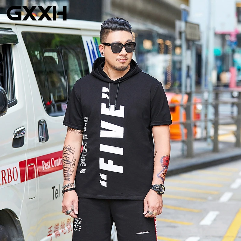 

7XL GXXH Men's Big Size T-shirt Loose Fit Letter Printed Summer Hoodies Tee Men Short Sleeved Hooded Mens Brand T-shirt Clothing