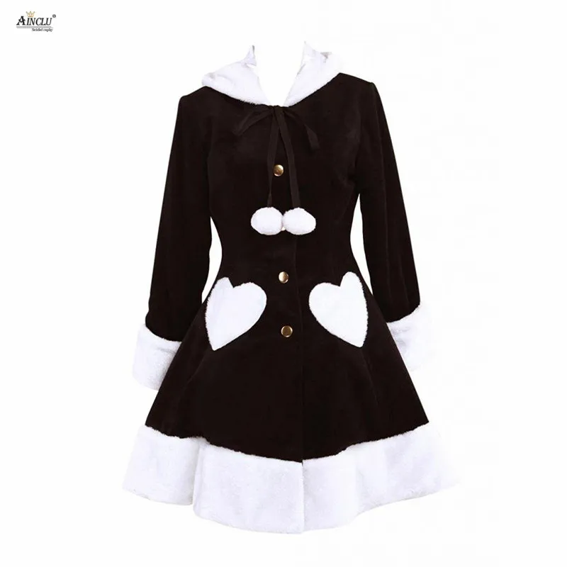 

Middle-Long Dress Ainclu Womens Sweet Black Wool Long Sleeves Girls Lolita Overcoat With Heart of the Purse and Small Hair Ball