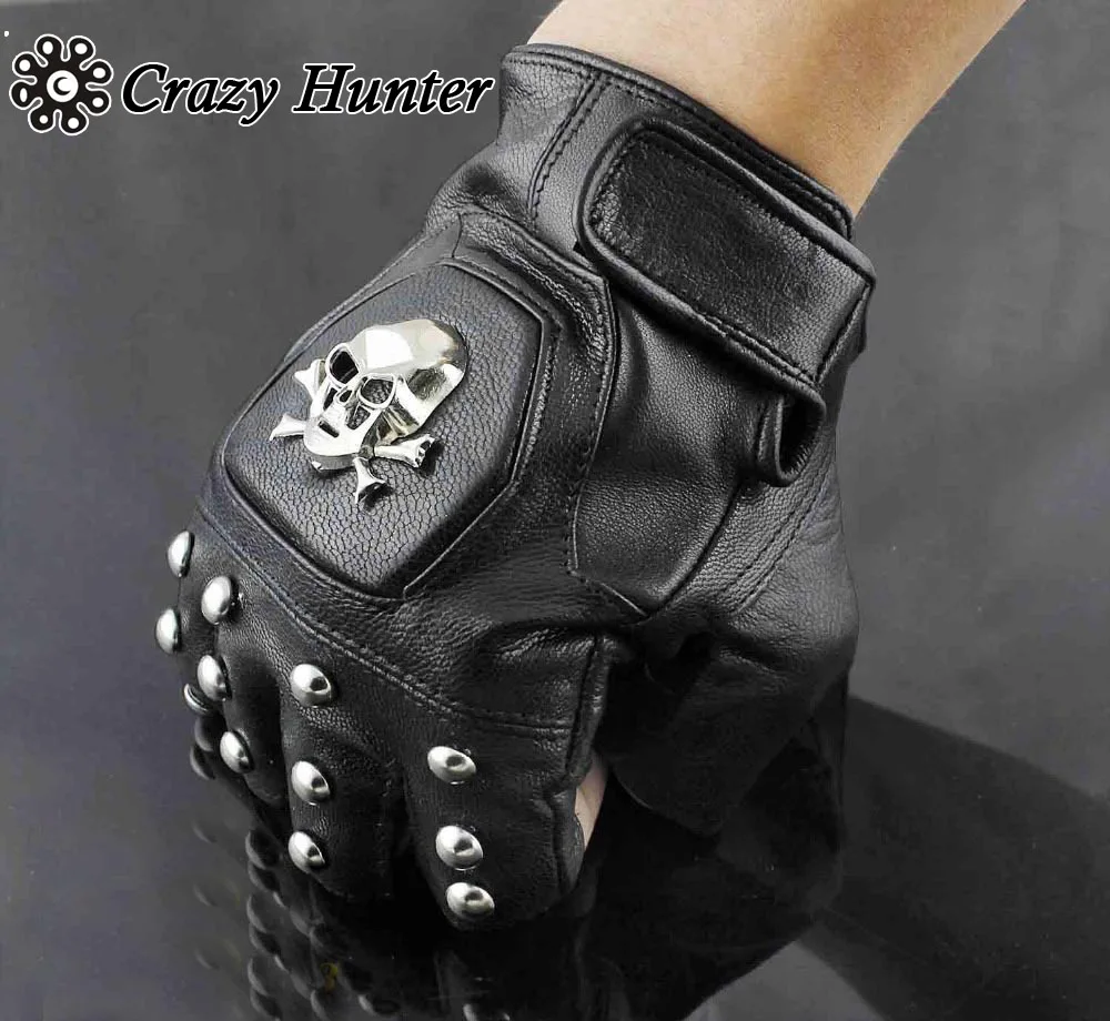 Punk Rocker Men/'s Leather the skull Motorcycle Biker Driving Fingerless Gloves