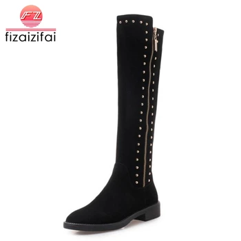 

Coolcept Woman Flat Boots Genuine Leather Winter Women's Shoes Thigh High Boots Rivets Fashion Sexy Boots Footwear Size 34-40