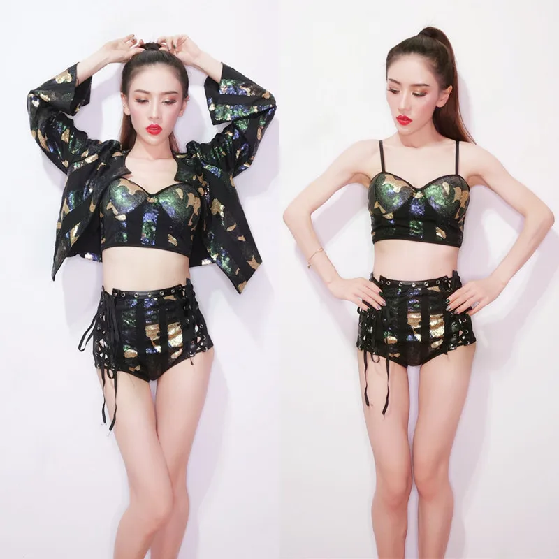 

Singer Costume Jazz Camouflage Top Shorts Coat Stage Clothes For Singers Dancing Outfits Women Nightclub Gogo Clothing DNV11090
