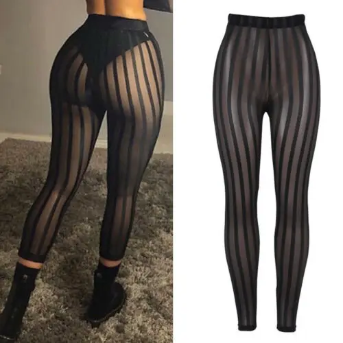

2019 Summer Women's Beachwear Cover Up Striped Mesh See Through Perspective Pants Knee Length Slim Trousers Club Wear Black