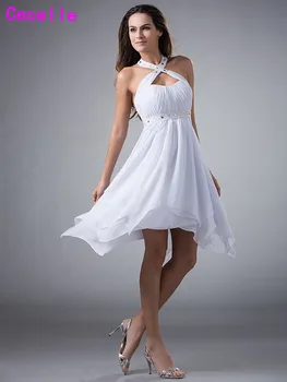 

Hot New Real White High Low Homecoming Dresses Short 2019 Halter Beaded Chiffon Summer Homecoming Party Dress Custom Made