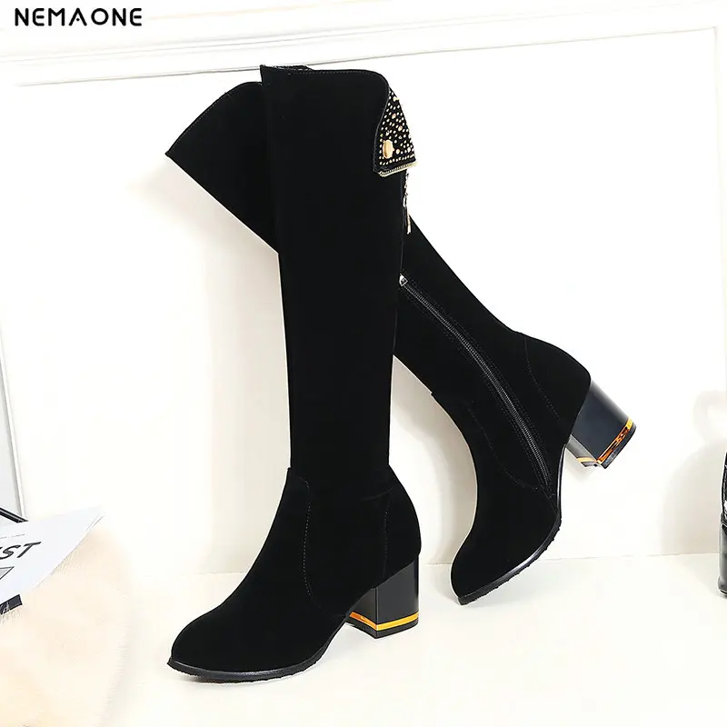

New 6cm high square Heels knee high boots woman rivets ladies Boots party dress shoes woman black large Size 43