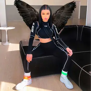 

2019 Women Fitness Overalls Two Pieces Set Letter Print Turtleneck Top High Waist Leggings Striped Patchwork 2 Pcs Tracksuit