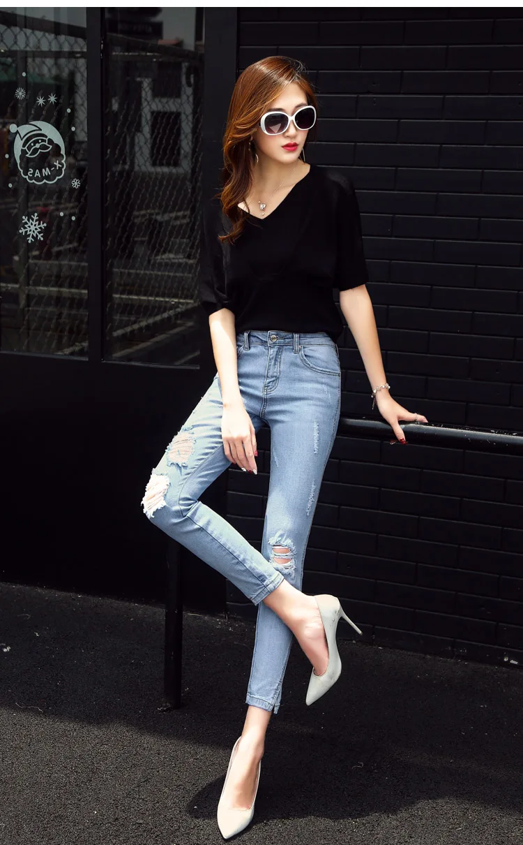 Джинсы высокого качества для Женская мода отверстие джинсовые узкие брюки длиной до щиколотки повседневные джинсы женские Новинка осени