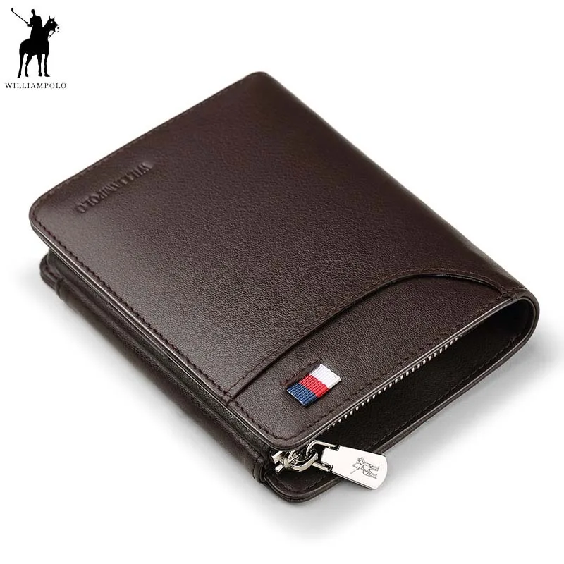 WILLIAMPOLO Genuine Leather Men Wallets Luxury Brand Trifold Wallet Zip Coin Pocket Purse Cow ...