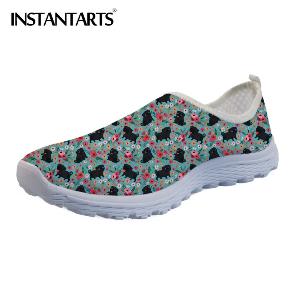 INSTANTARTS Brand Designer Women Sneakers Shoes Summer Spring Woman's Casual Loafers Cute Black Pug Flower Print Flats Mesh Shoe