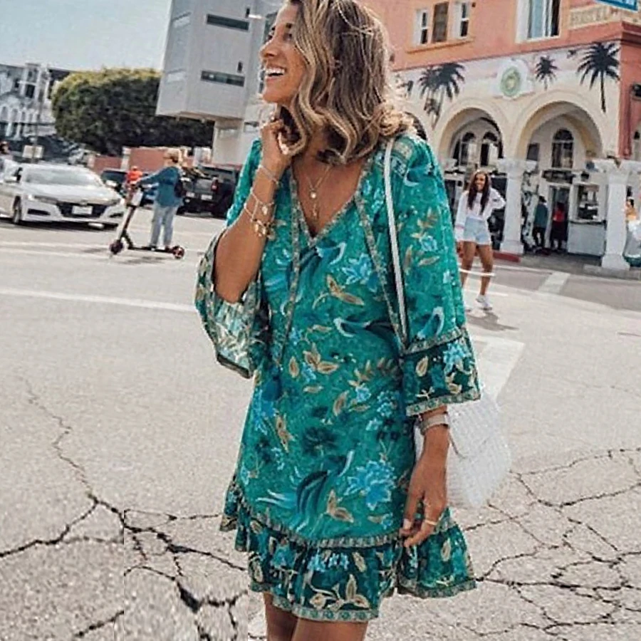 TEELYNN мини платья для женщин с расклешенными рукавами Зеленый Малахит BOHO
