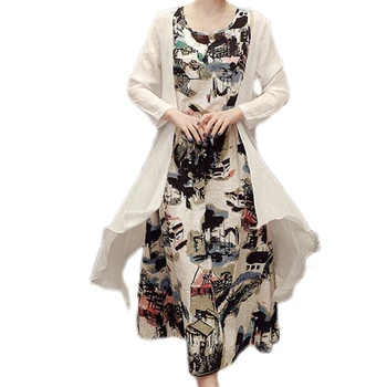 

Summer Casual Clothing Vintage Womens dresses large size M-4XL printing cotton and linen dress long dress two-piece suit