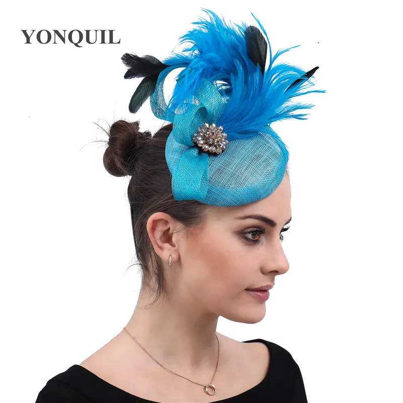 Бирюзовая женская элегантная шапка-Вуалетка sinamay, причудливый головной убор с перьями для девушек, вечерние аксессуары для волос для королевской гонки, SYF500