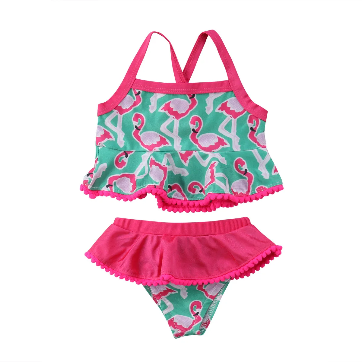 2PCS Summer Ruffles Outfits Kids Baby Girls Bikini Set Flamingo