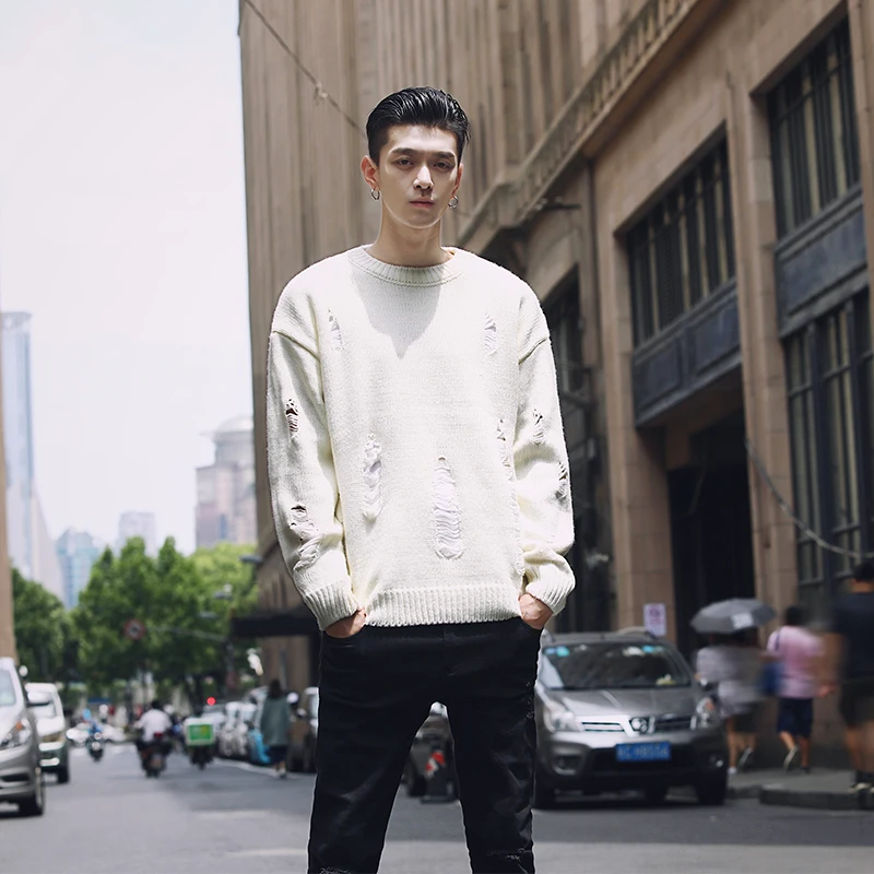 Ripped Sweaters For Men Dropshoulder Broken Hole Men Round Neck Sweater