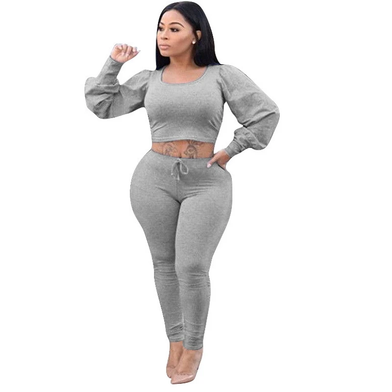 Grey Lantern Sleeve Two Piece Set Casual Outfits Sexy Overalls Crop Top ...